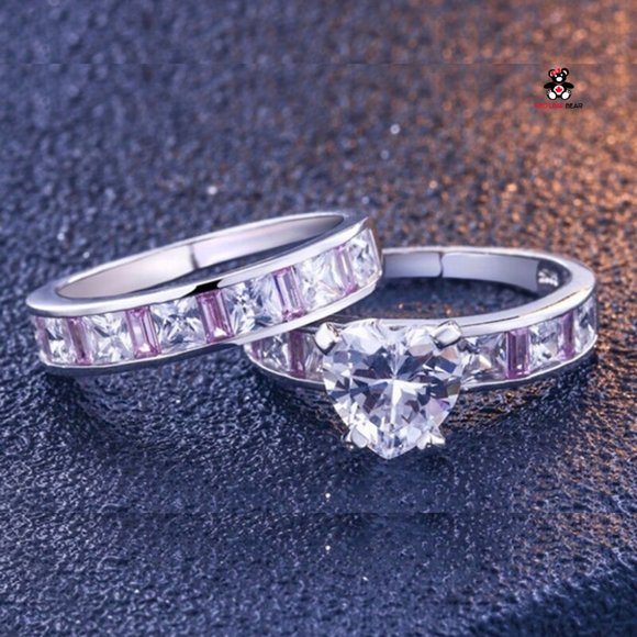 Sterling Silver Pink CZ Wedding Ring Set. - Picture 4 of 5